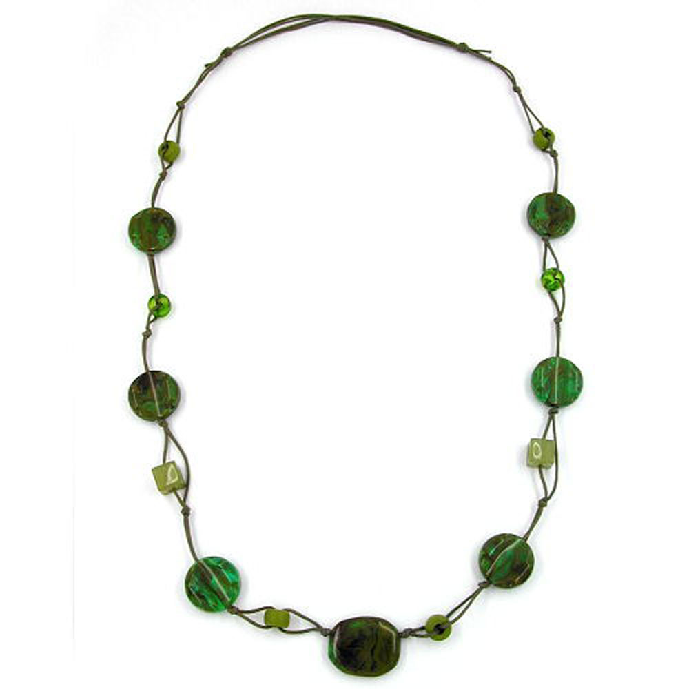 Kette geknotet Kunststoffperlen khaki-grün-marmoriert Kordel grün 90cm (Länge 90cm)
