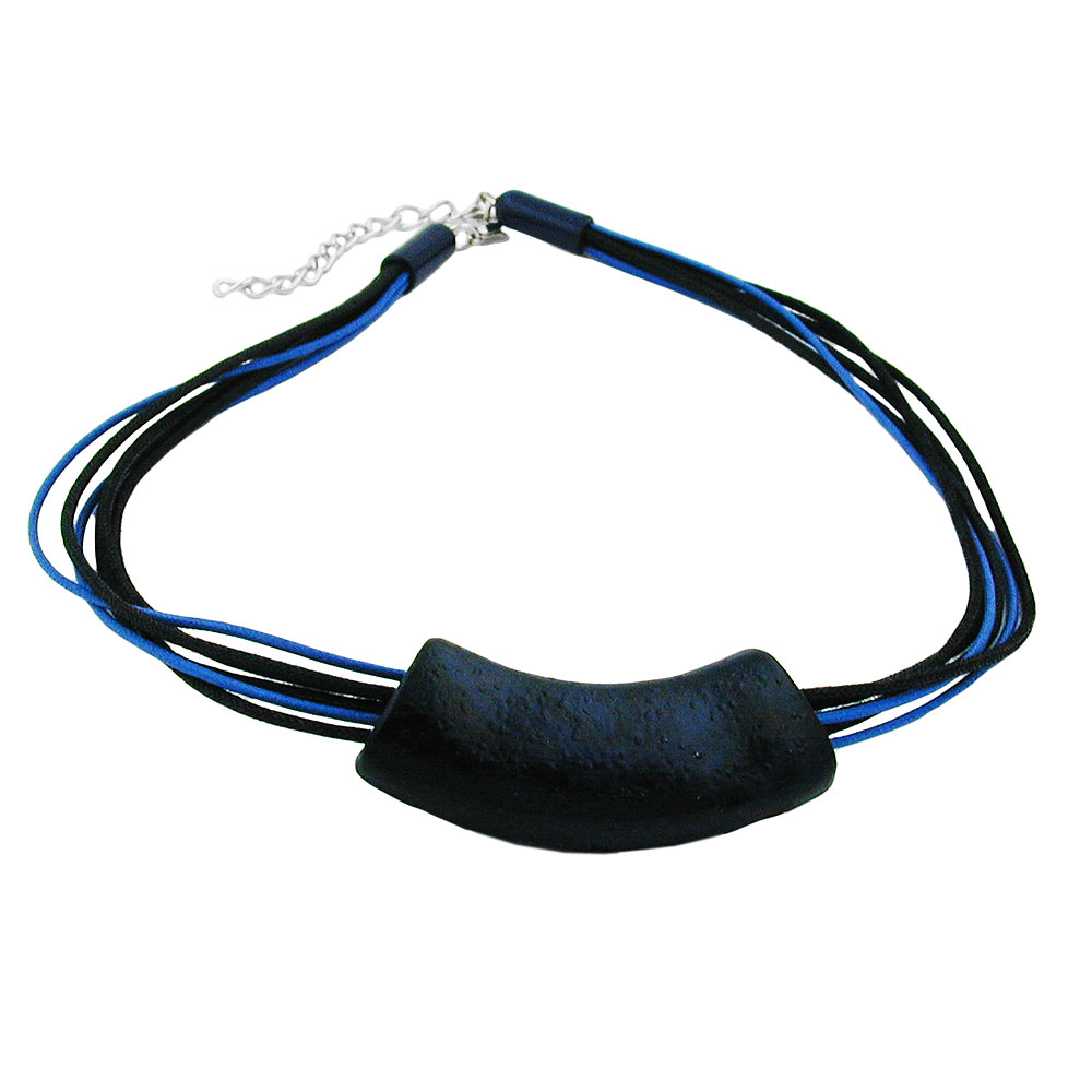 Kette 54x19mm Anhänger Rohr flach gebogen blau-schwarz-marmoriert glänzend Kunststoff 45cm (Länge 45cm, dunkelblau)