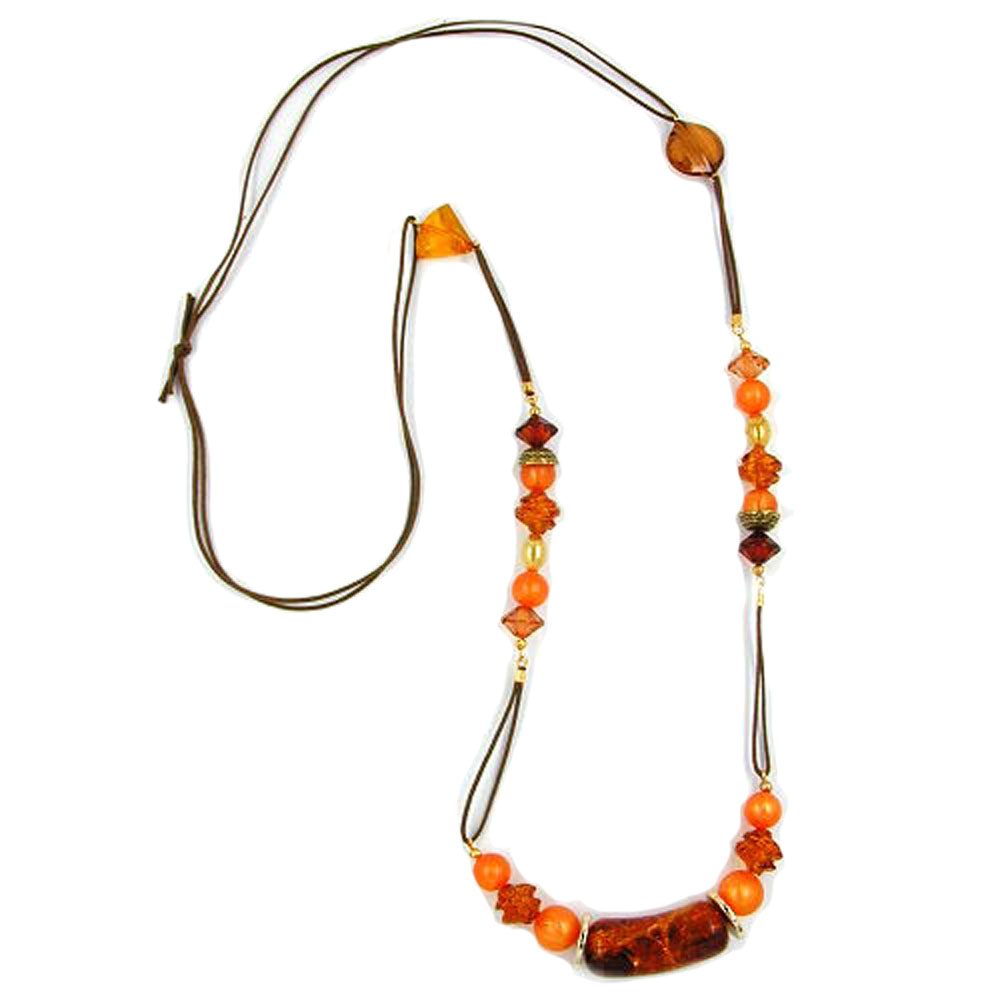 Kette Kunststoffperlen braun-crash orange-braun-gold Kordel braun 90cm (Länge 90cm, orange)