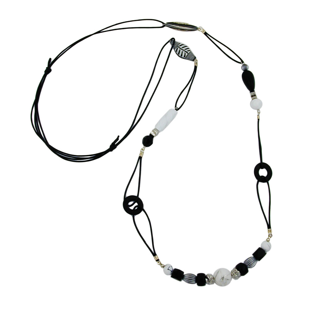 Kette Kunststoffperlen schwarz-weiß Kordel schwarz 105cm (Länge 105cm, schwarz - weiß)