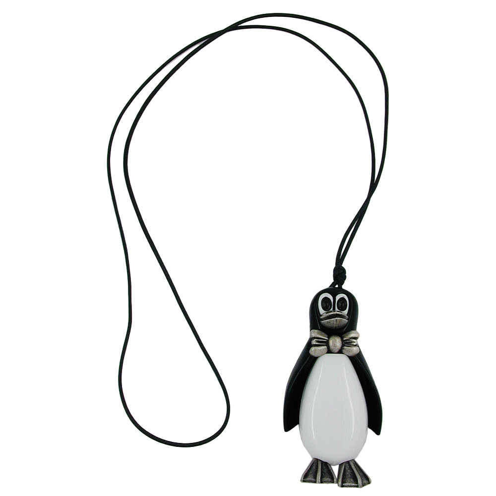 Kette Kunststoff Pinguin schwarz-weiß silbergrau Kordel schwarz 90cm (Länge 90cm, schwarz - weiß)