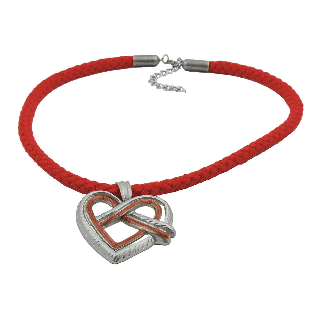 Kette Landhaus-Stil Anhänger Metallguss Herzbrezel rot-silbergrau Kordel rot 45cm (Länge 45cm, rot)
