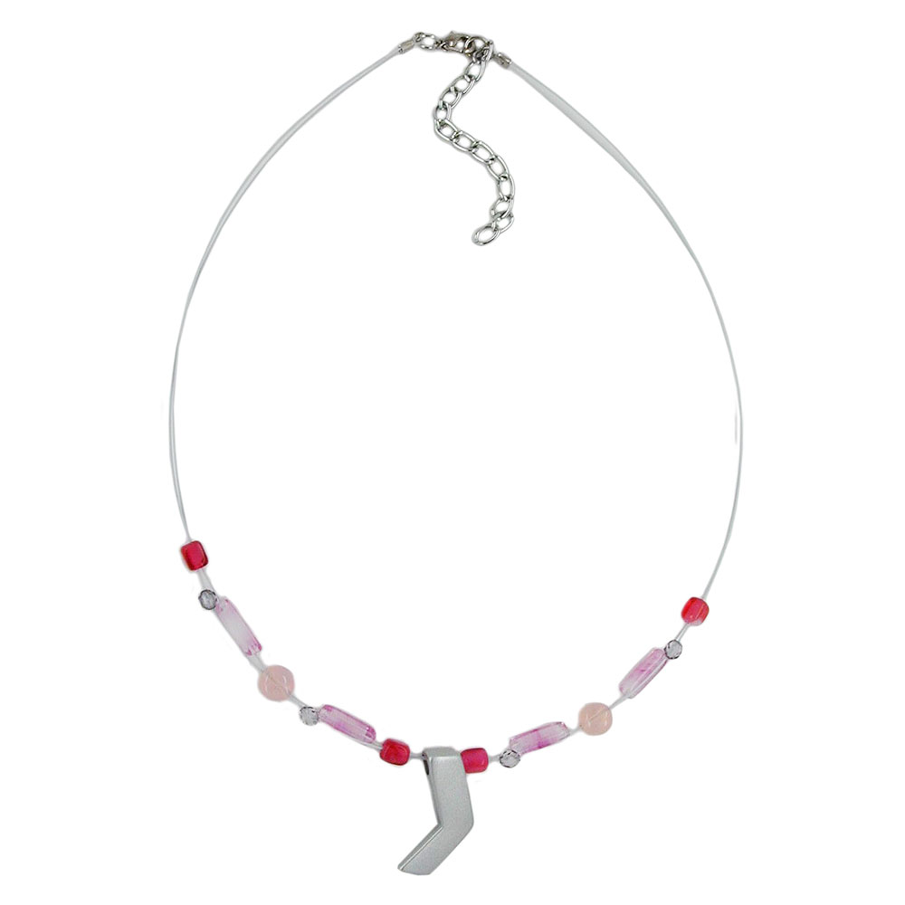 Kette Drahtkette mit Glasperlen rosa silbergrau-matt und Anhänger Zinnguss 42cm (Länge 42cm, rosa)
