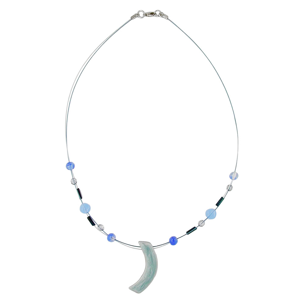 Kette Drahtkette mit Glasperlen und Anhänger Sichel graublau Email 42cm (Länge 42cm, hellblau)