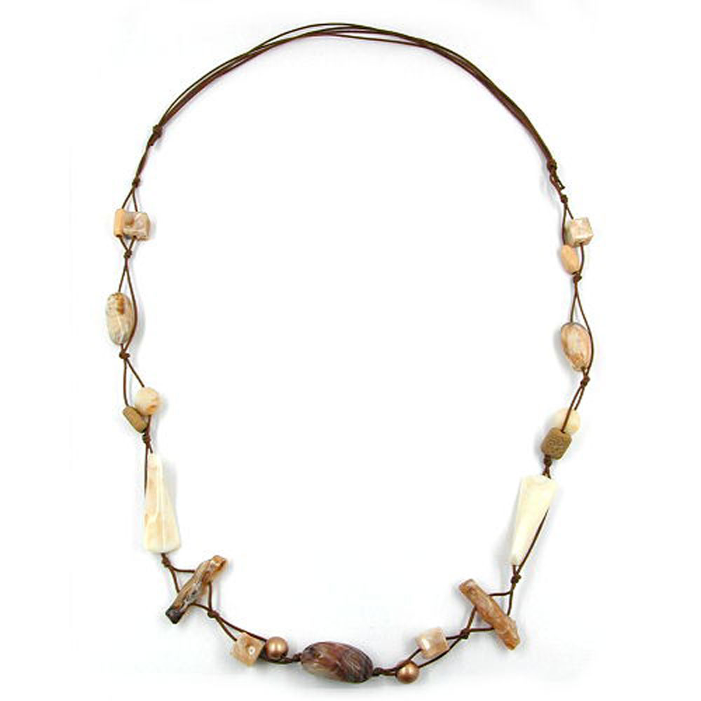 Kette Kunststoffperlen beige horn-marmoriert Kordel braun 105cm (Länge 105cm)