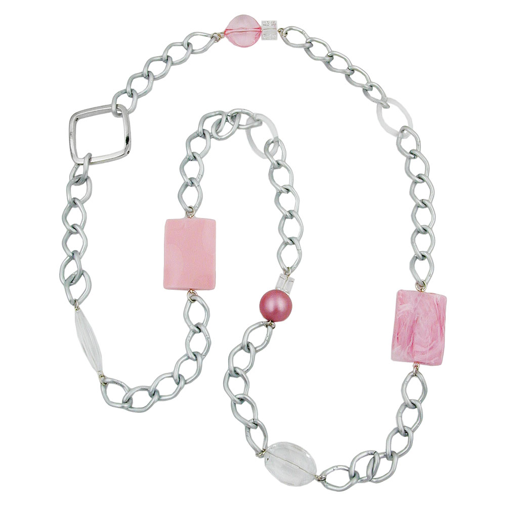 Kette Kunststoffperlen rosa transparent Weitpanzerkette Aluminium hellgrau 95cm (Länge 95cm, rosa)