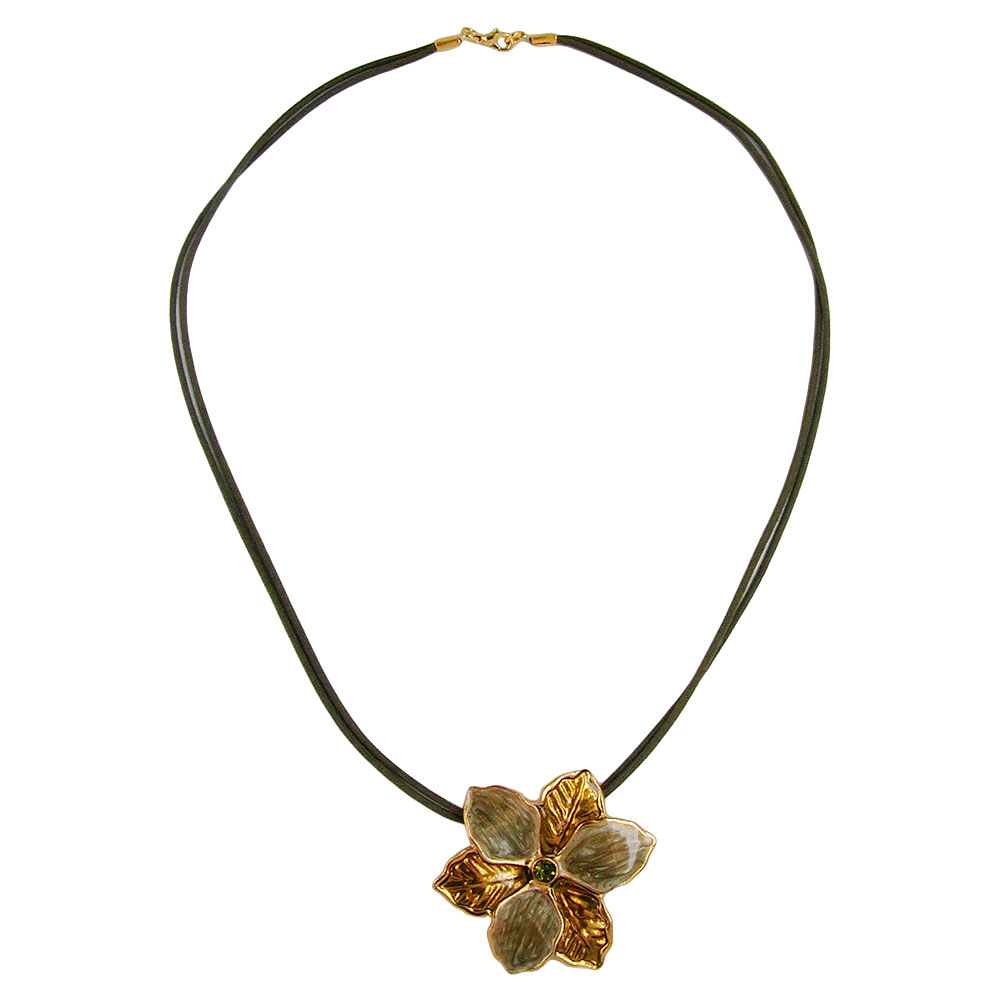 Kette 48mm Blume Metallanhänger oliv-gold emailliert Kordel oliv 50cm (Länge 50cm, oliv - grün)
