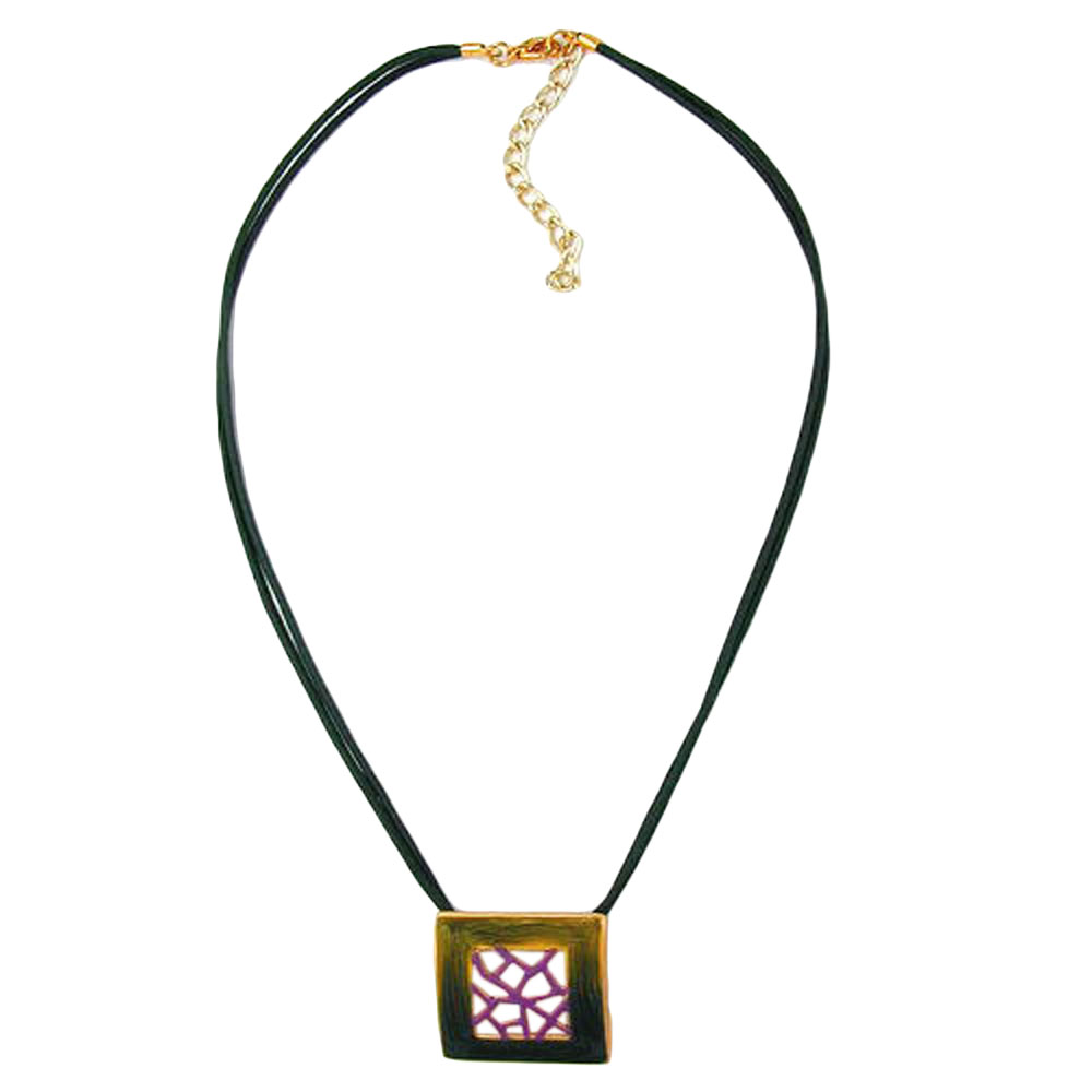 Kette 27x30mm Metallanhänger Viereck goldfarben grün-lila emailliert Kordel grün 42cm (Länge 42cm, grün)