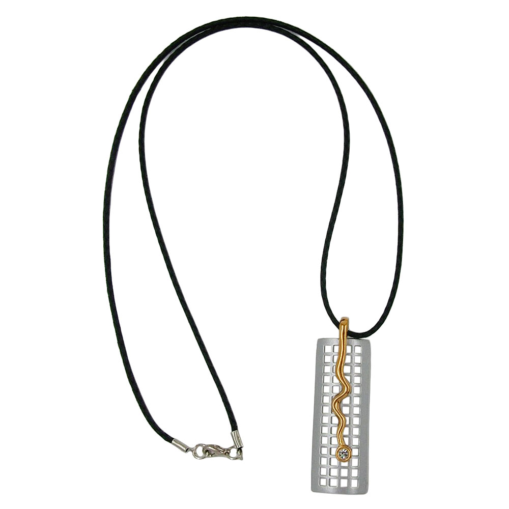 Kette 60x19mm Anhänger Metall Gitter mit Zickzack Glasstein kristall 70cm (Länge 70cm, bicolor)