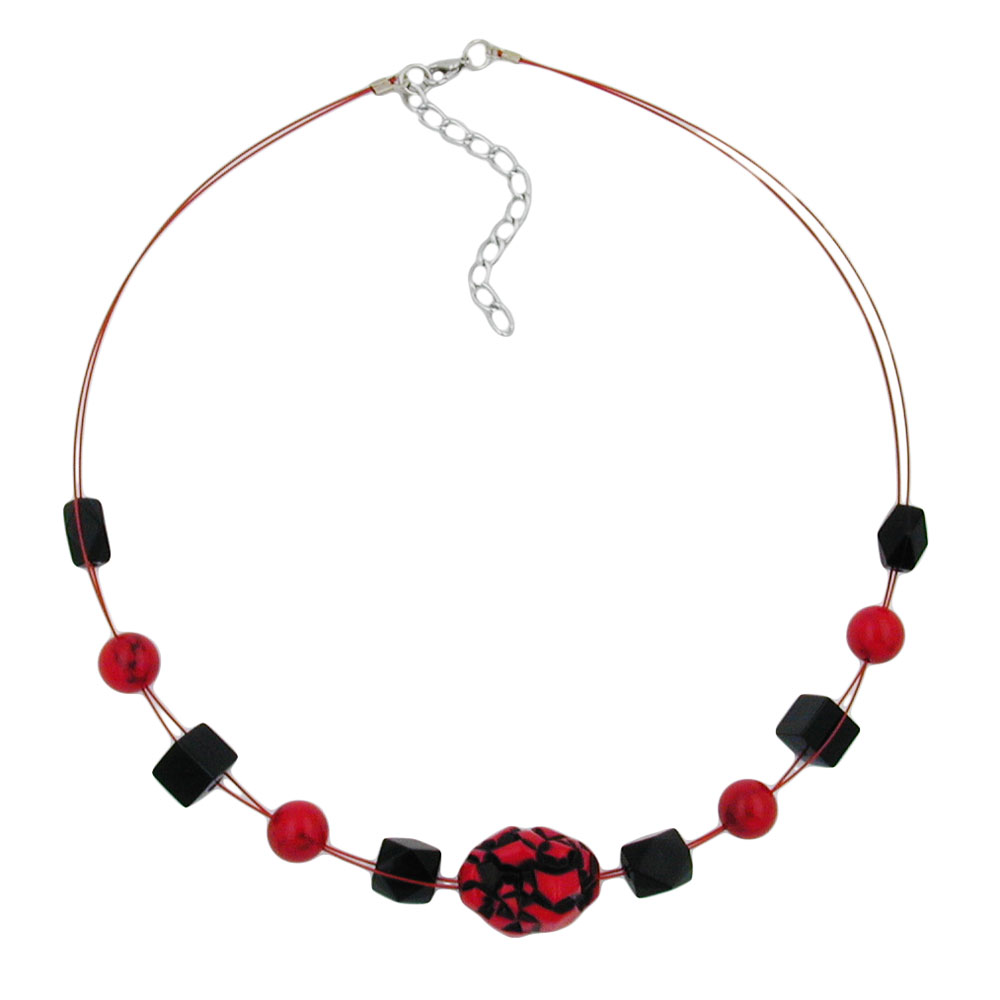 Kette Drahtkette Kieselstein rot-schwarz Kunststoffperlen 45cm (Länge 45cm, rot - schwarz)