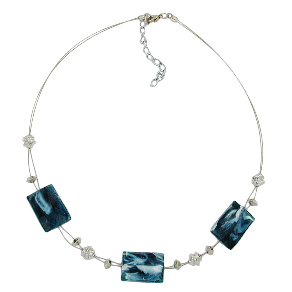 Kette Drahtkette Viereck gewellt stahlblau-weiß Kunststoffperlen 45cm (Länge 45cm, blau - weiß)