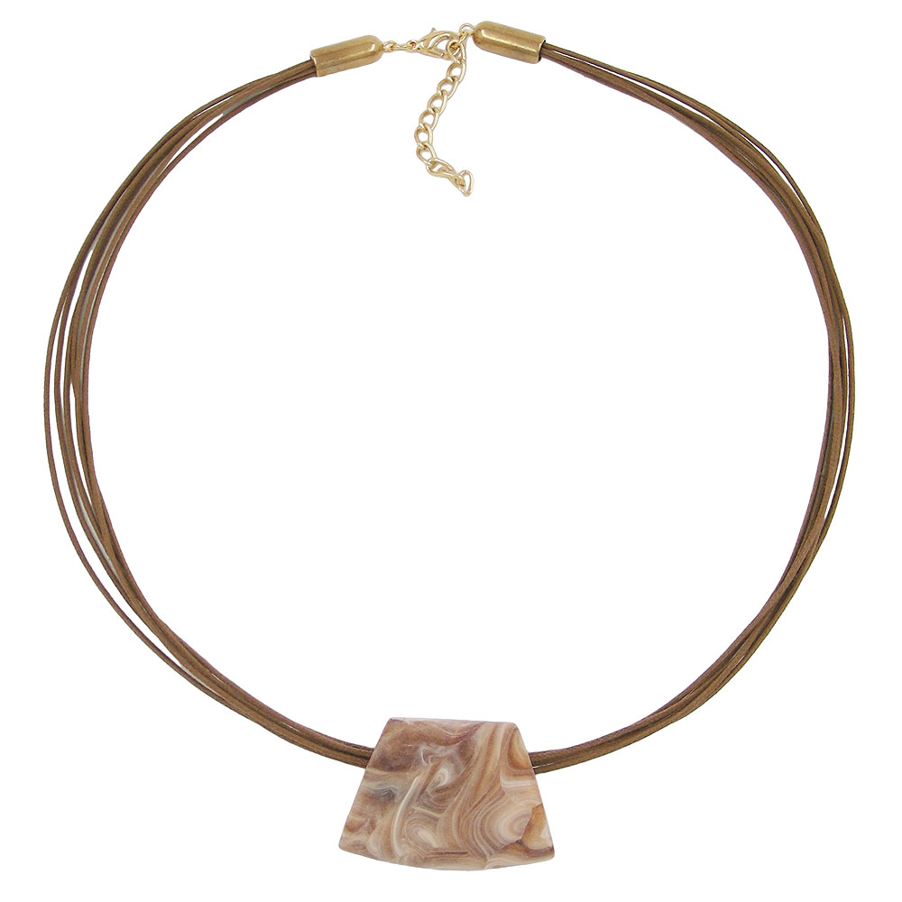 Kette Kunststoffperle Trapez beige marmoriert matt Kordel braun 45cm (Länge 45cm, braun - beige)