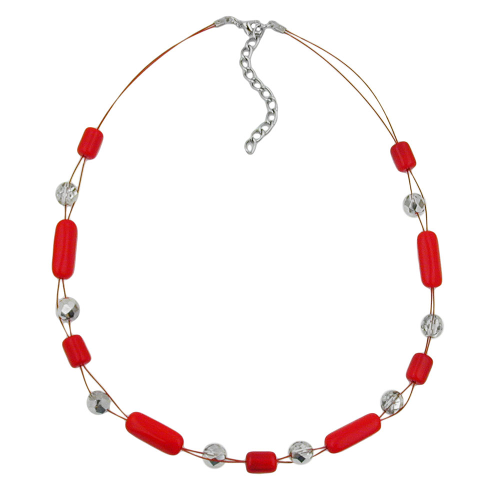 Kette Drahtkette mit Glasperlen Walze rot und kristall silber-verspiegelt 45cm (Länge 45cm, rot)