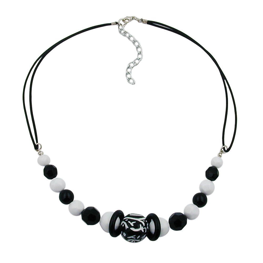 Kette Kunststoffperlen Schmuckperle schwarz-weiß Kordel schwarz 45cm (Länge 45cm, schwarz - weiß)