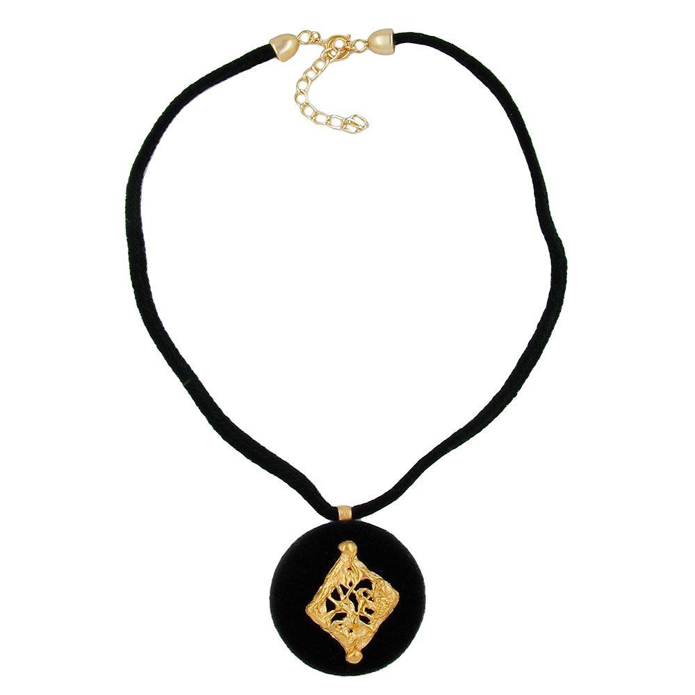 Kette 42mm Scheibe Kunststoff Veloursamt schwarz mit goldfarbenem Zierteil aus Metall 45cm (Länge 45cm, schwarz)