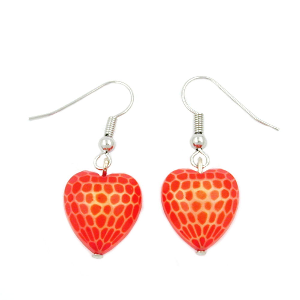 Ohrhaken Ohrhänger Ohrringe 35x15mm Herz mit Schliff Kunststoffperle orange-rot (rot-orange)