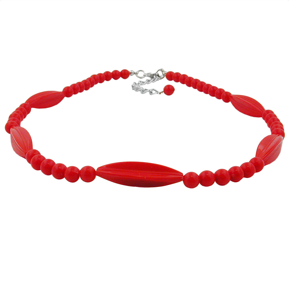 Kette Rillenolive und Perle rot Kunststoff Verschluss silberfarbig 42cm (Länge 42cm, rot)