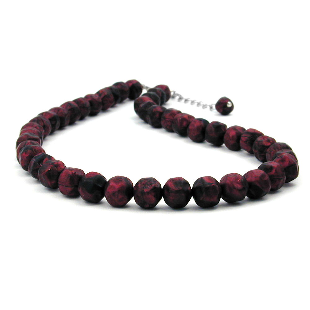 Kette 10mm Kunststoffperlen Barockperlen rot-schwarz-marmoriert 42cm (Länge 42cm, rot - schwarz)
