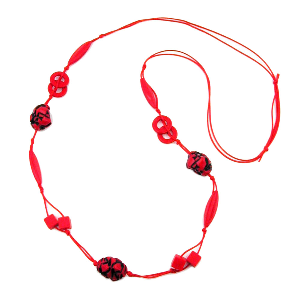 Kette Kunststoffperlen Kieselstein rot-schwarz Kordel rot 100cm (Länge 100cm, rot - schwarz)