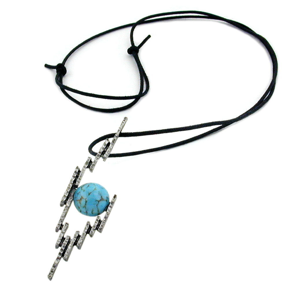Kette 72x19mm Zinn-Anhänger blau-türkisfarben Kunststoff Kordel schwarz (Länge 100cm)