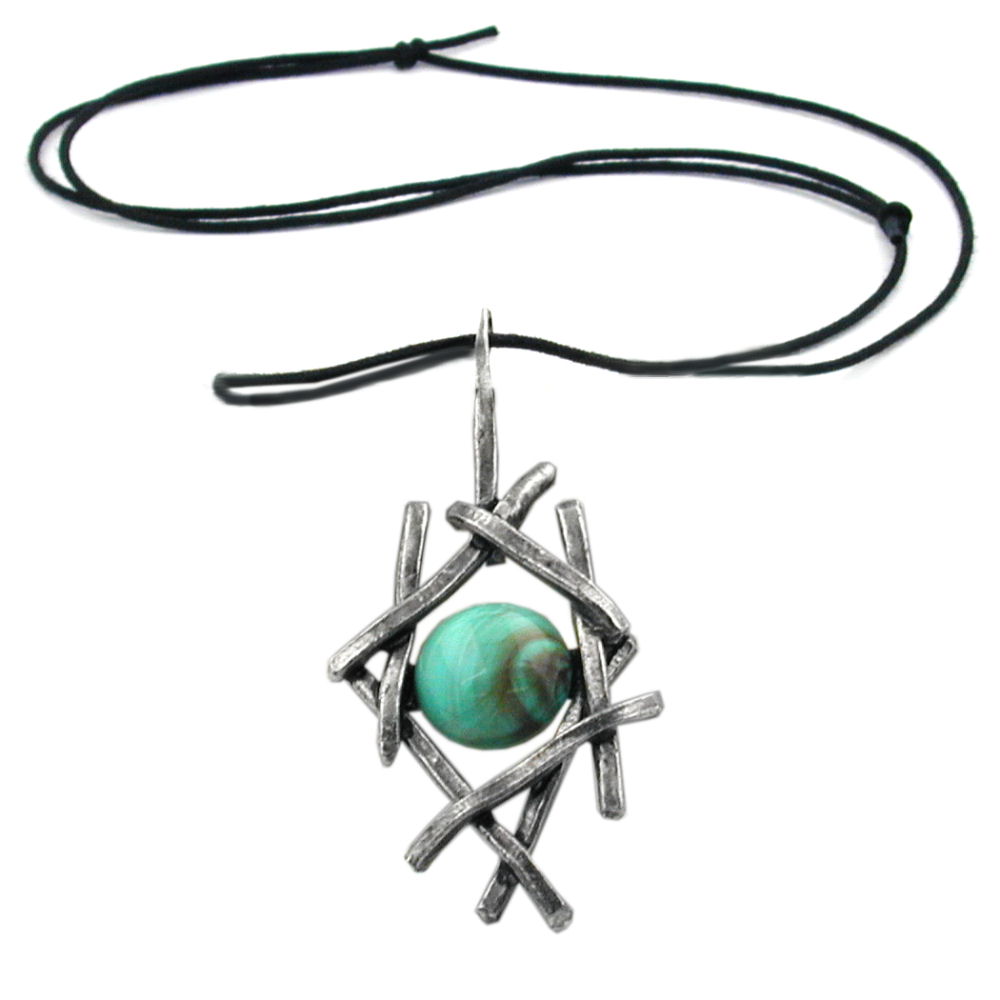 Kette 79x37mm Zinn-Anhänger Gitter mit türkis-Einlage Kunststoff 90cm (Länge 90cm)