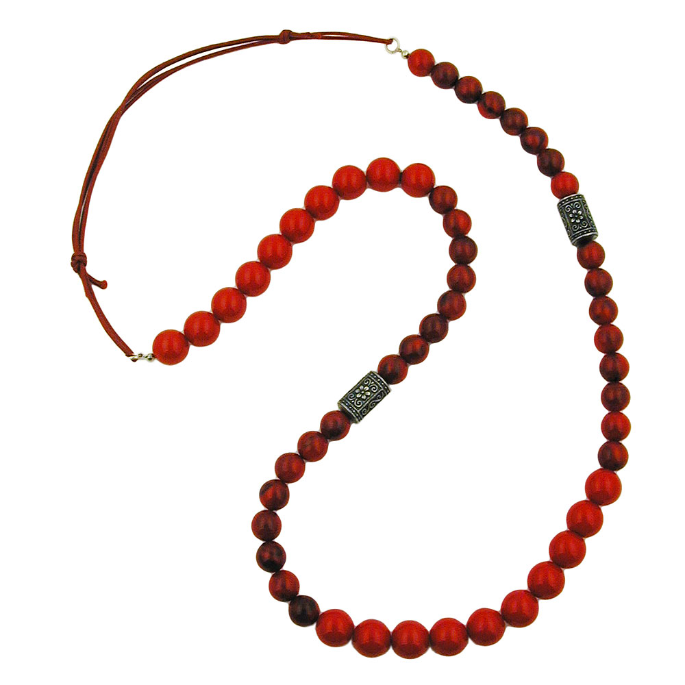 Kette Kunststoffperlen rot-schwarz Walze altsilberfarbig Kordel rot 90cm (Länge 90cm, rot)