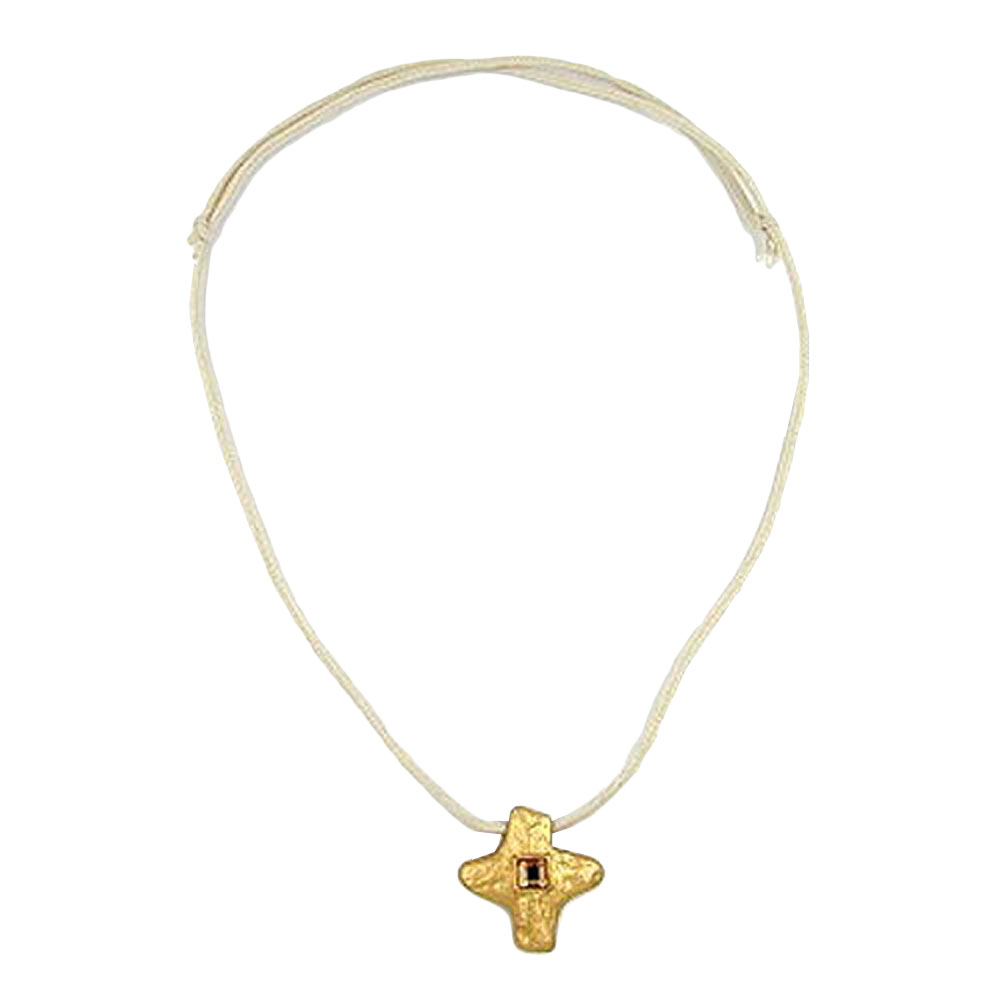 Kette Anhänger Kreuz Metallguss matt-goldfarben Glasstein Kordel beige 70cm (Länge 70cm, natur)