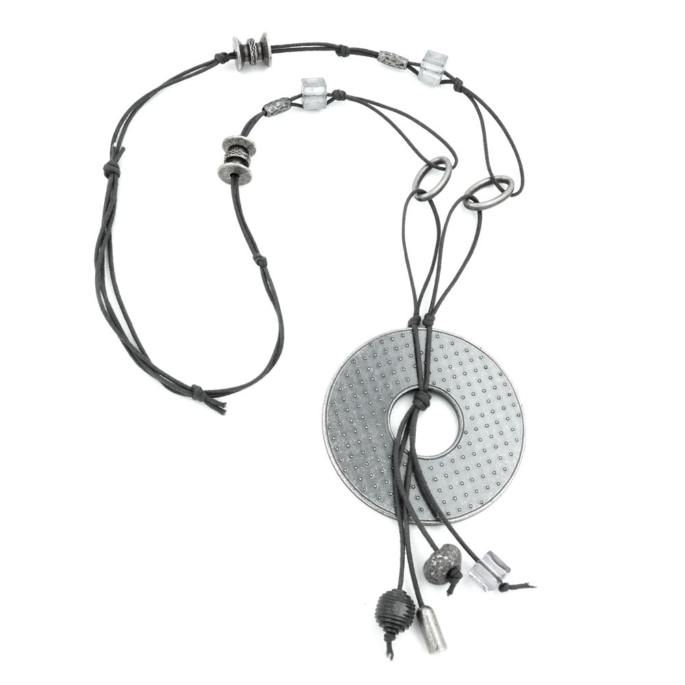 Kette 77mm Kunststoffanhänger Lochring altsilberfarben Kordel grau 90cm (Länge 90cm, grau)