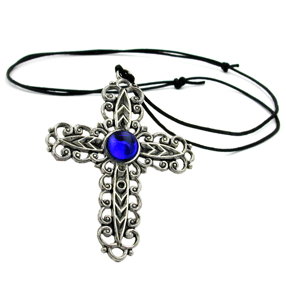 Kette 74x57mm Zinn-Anhänger Kreuz mit Glasstein blau-safir 110cm (Länge 110cm)