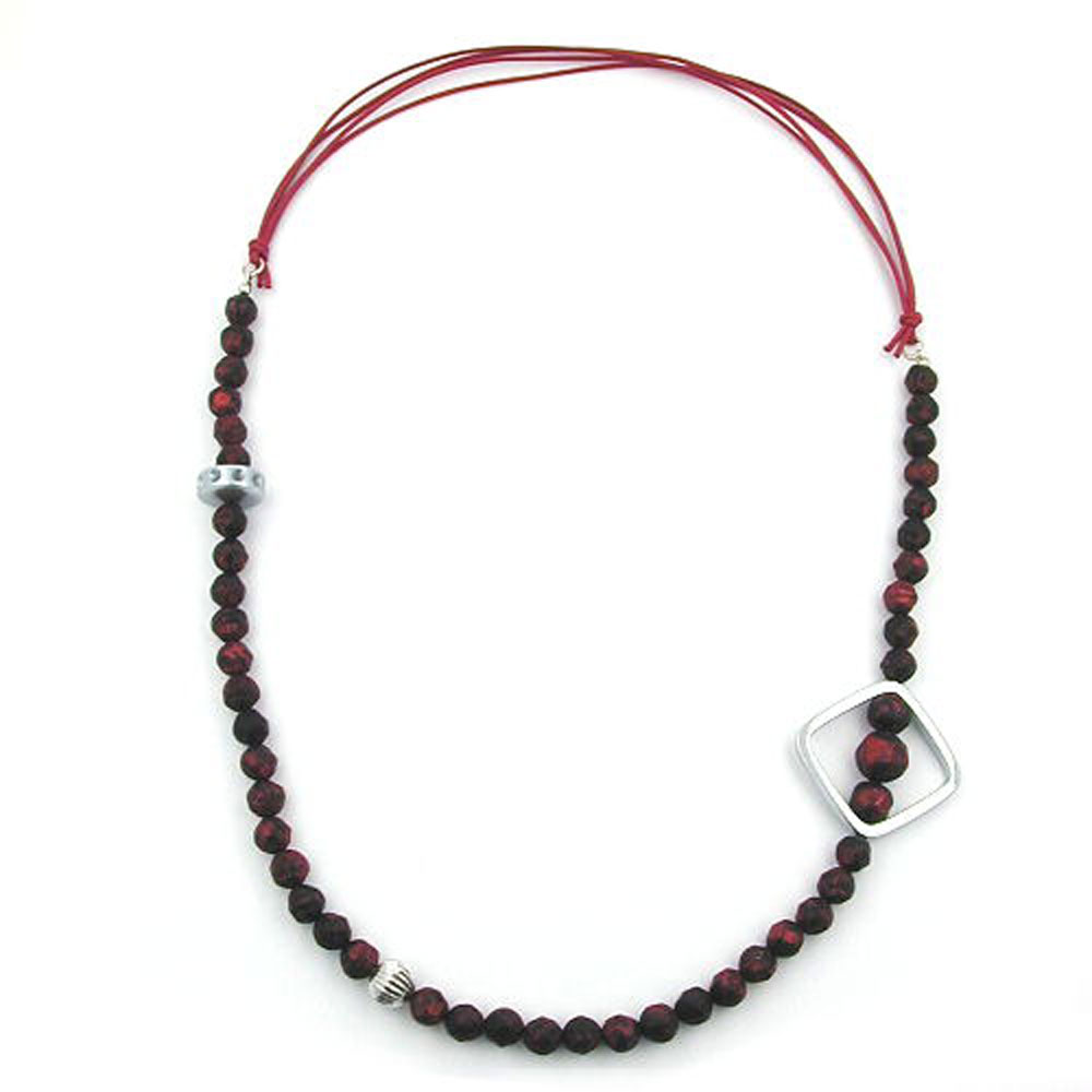 Kette 8mm Kunststoffperlen rot-schwarz silberfarbig Kordel rot 90cm (Länge 90cm)
