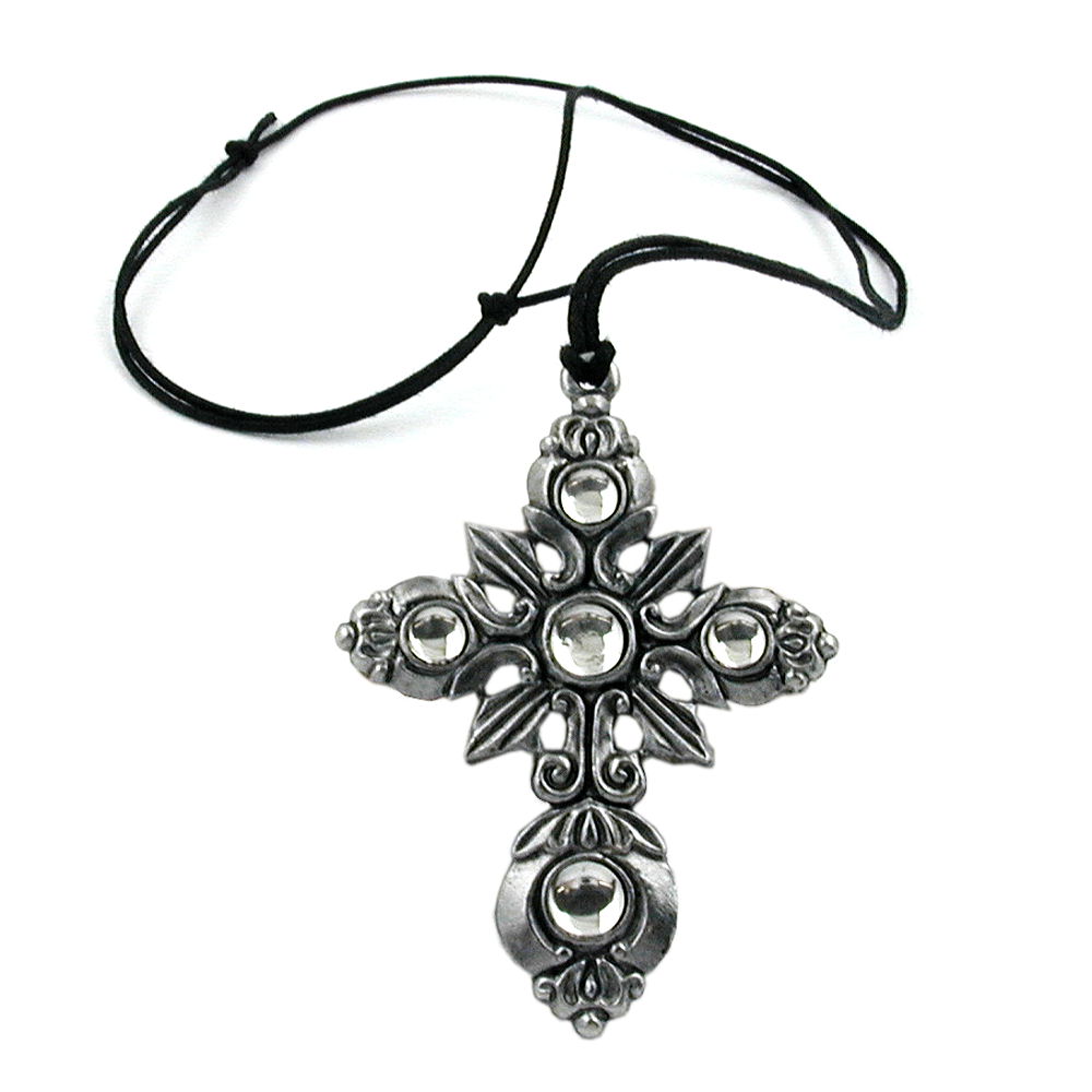 Kette 66x55mm Zinn-Anhänger Kreuz filigran mit 5x Glasstein kristall 110cm (Länge 110cm)