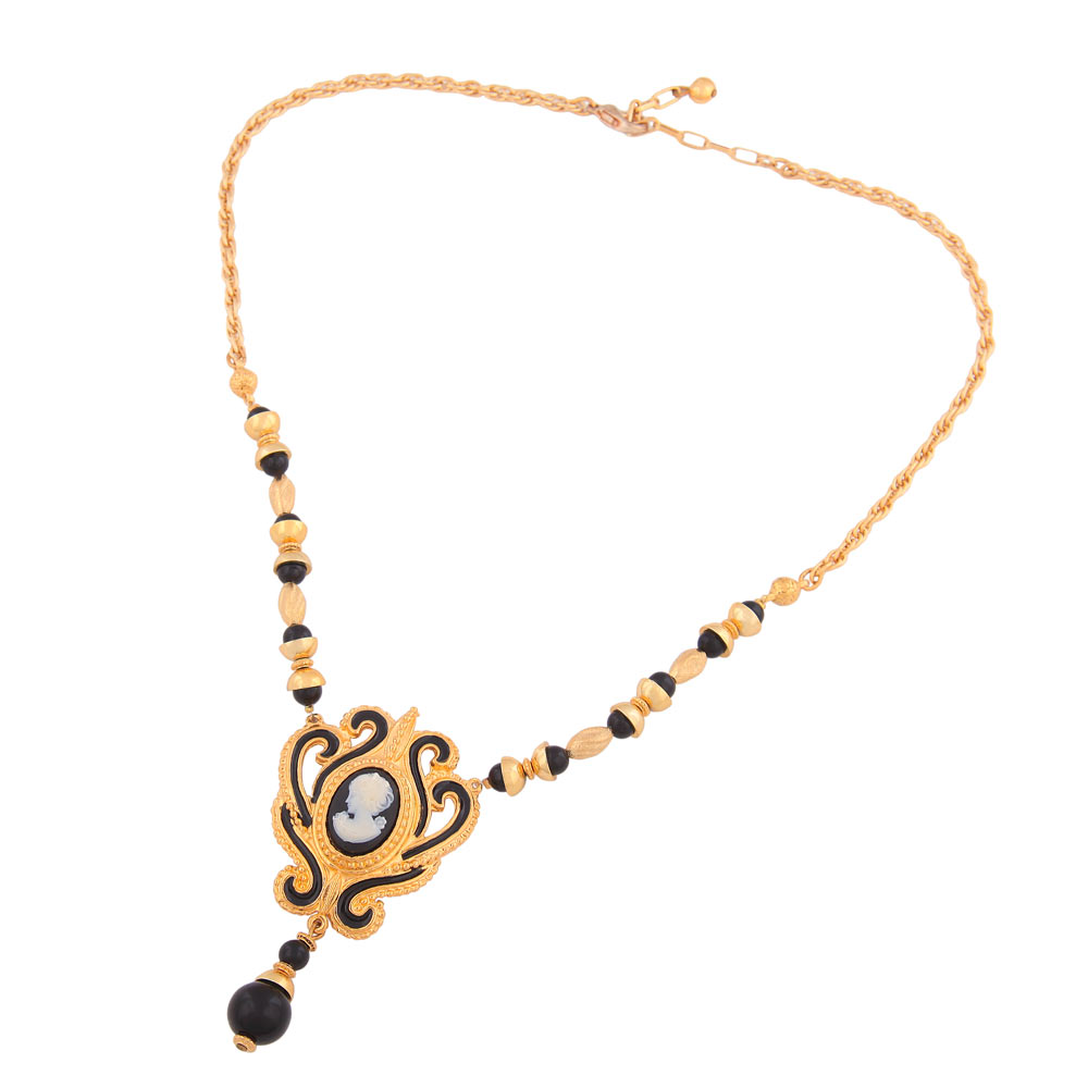 Collier Gemme goldfarbene Kordelkette aus Metall schwarze Kunststoffperlen 50cm (Länge 50cm)