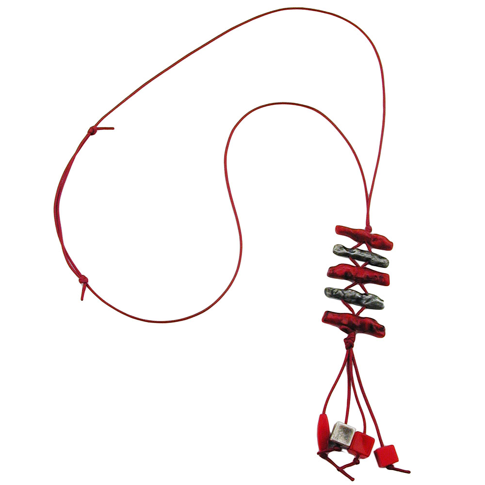 Kette Kunststoff Koralle rot-marmoriert altsilber Kordel dunkelrot 70cm (Länge 80cm, rot)