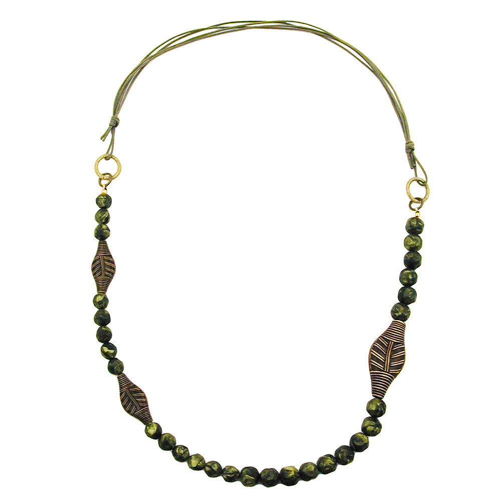 Kette 3x Blattperle oliv 10mm Perlen olivgrün gedrückt Kordel oliv 90cm (Länge 90cm, oliv - grün)
