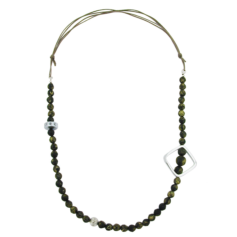 Kette, Perle barock oliv Viereck chrom (Länge 90cm, oliv - grün)