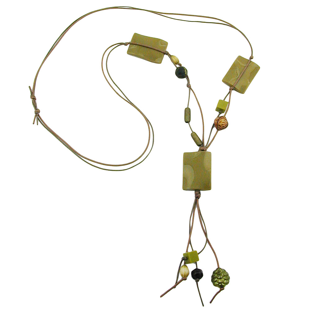 Kette Y-Form 35x25mm 3x Viereck gewellt oliv-glänzend Kordel 90cm (Länge 90cm, oliv - grün)