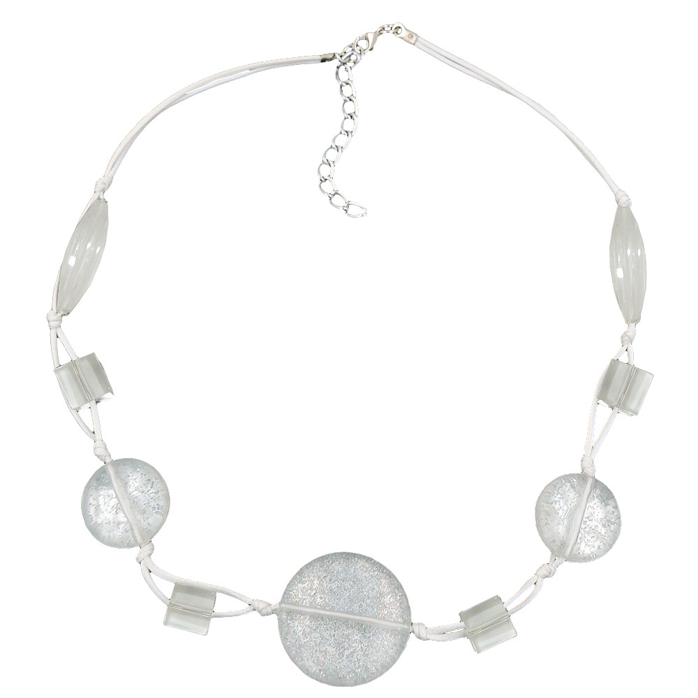 Kette 3x Scheibe Kunststoffperlen weiß-transparent-flitter Kordel weiß 45cm (Länge 45cm, weiß)