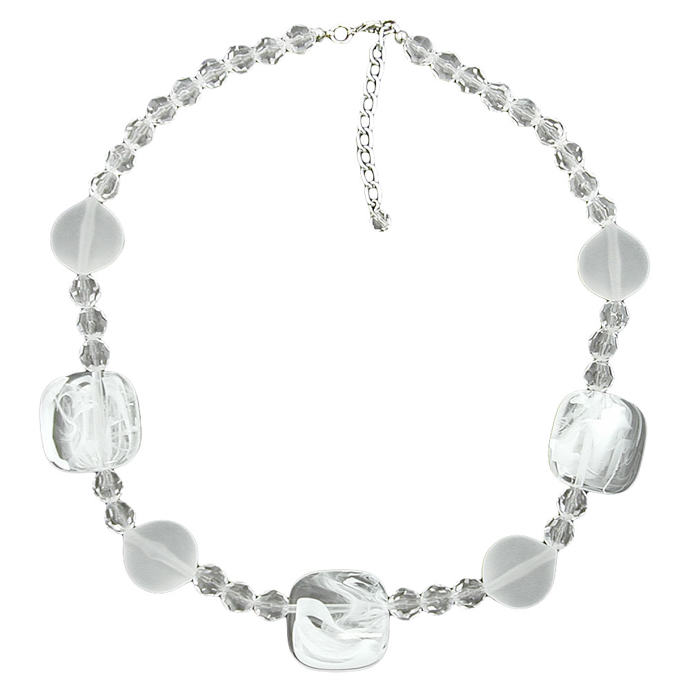 Kette 3x Viereckperlen und Facettenperlen weiß transparent Kunststoff 45cm (Länge 45cm, weiß)