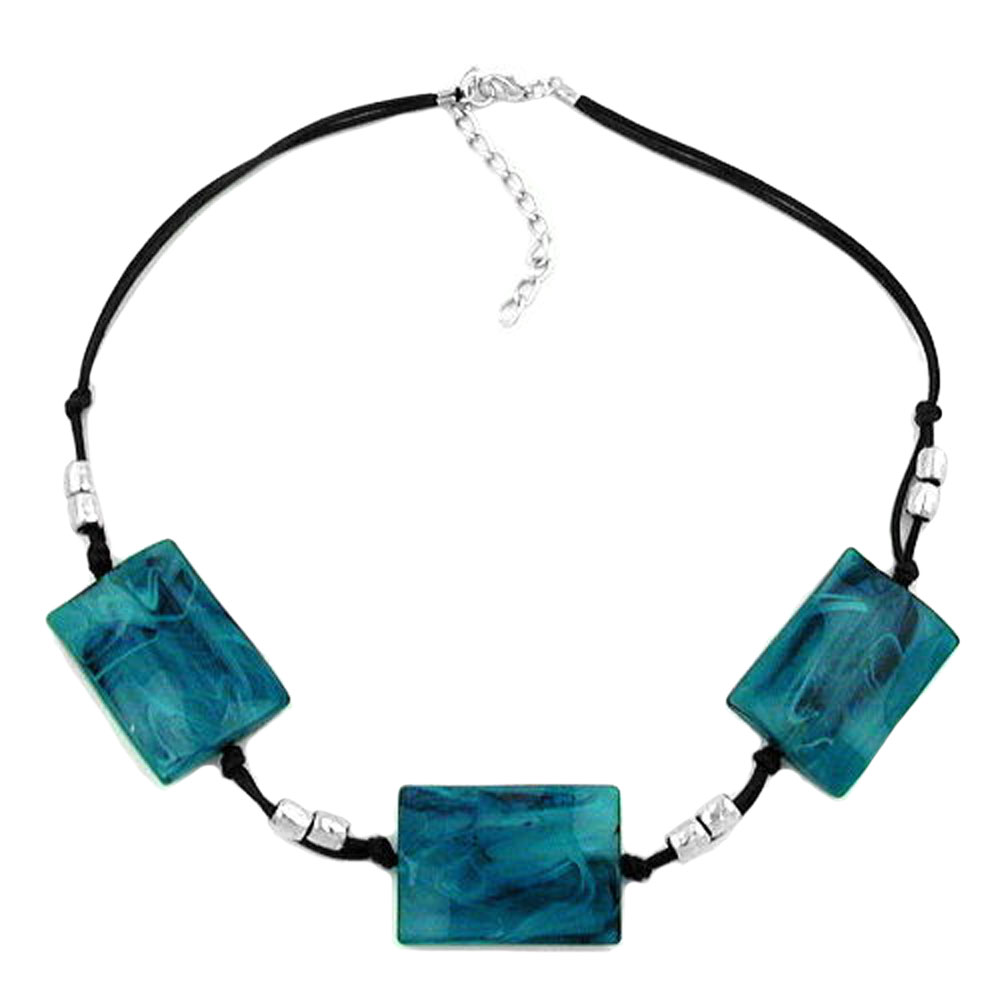 Kette 3x 35x25mm Viereck gewellt türkis-blau-marmoriert Kordel schwarz 45cm (Länge 45cm, türkis)
