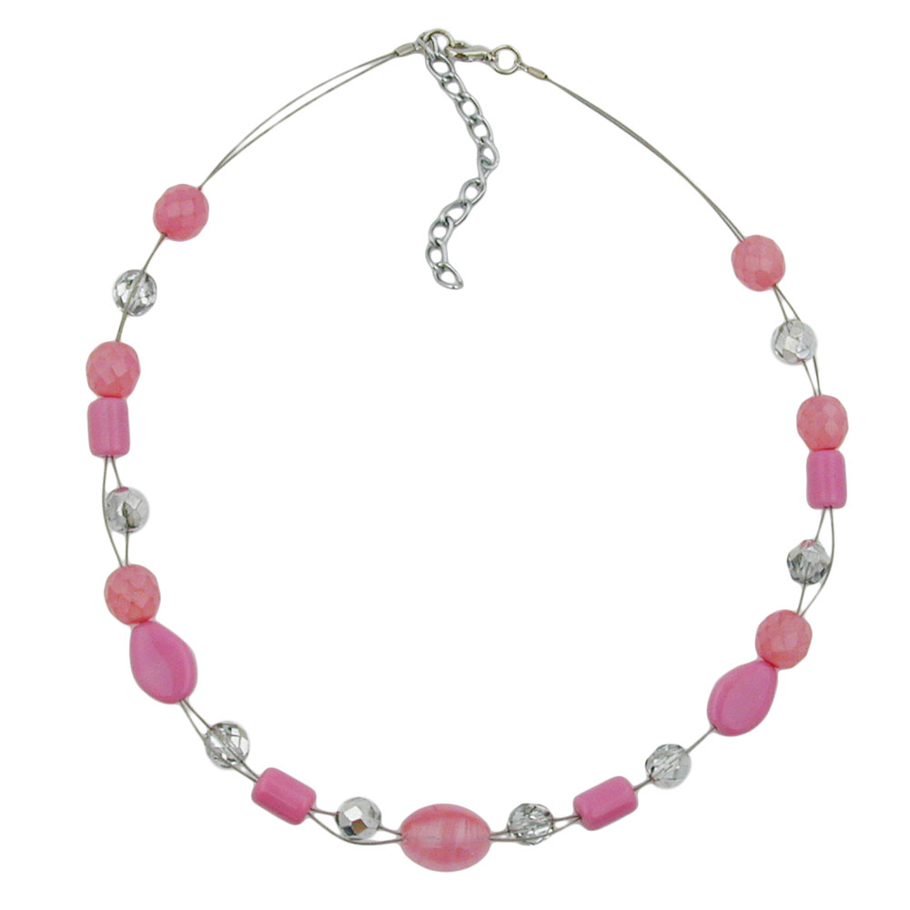 Kette Drahtkette mit Glasperlen Olive rosa und silber-verspiegelt 42cm (Länge 42cm, rosa)