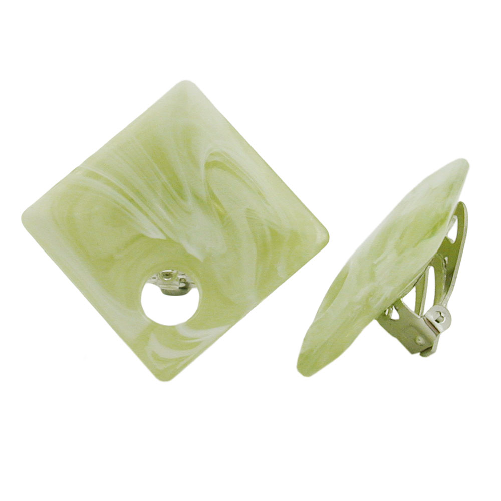 Clip Ohrring 25x25mm Viereck mit Loch lindgrün-marmoriert Kunststoff-Bouton (grün - weiß)