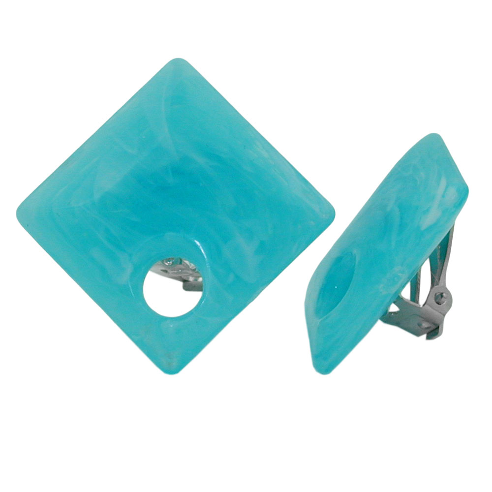 Clip Ohrring 25x25mm Viereck mit Loch türkis-marmoriert Kunststoff-Bouton (blau - weiß)