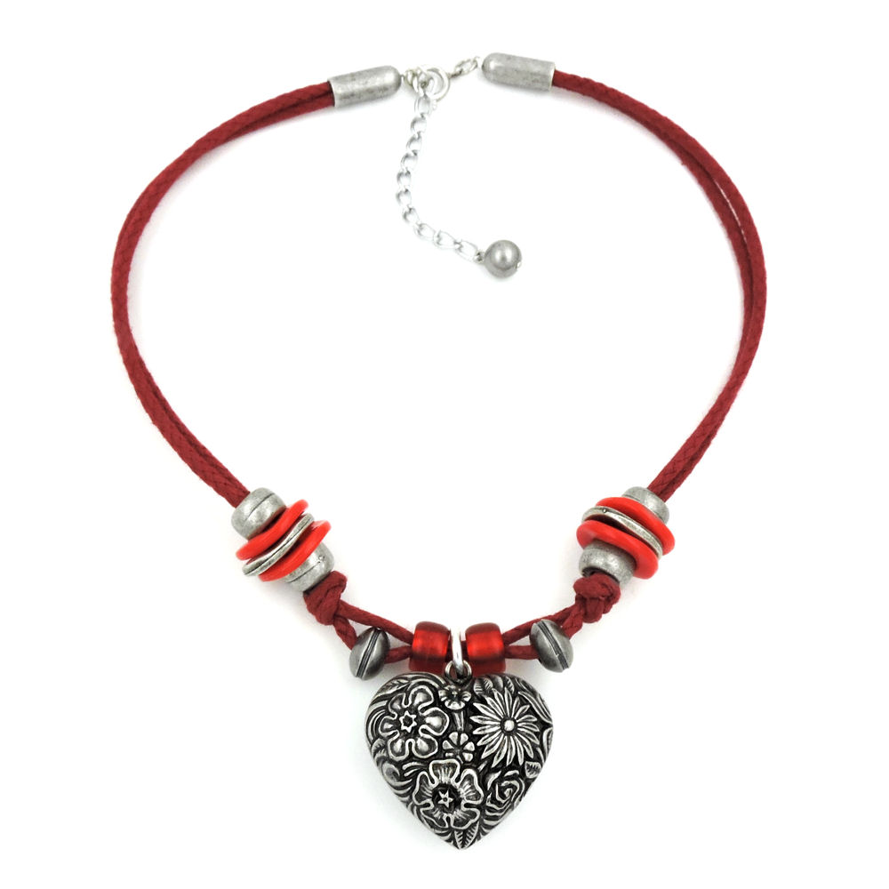 Kette Landhaus Kunststoff Blumenherz altsilberfarben Kordel rot 42cm (Länge 42cm, rot)