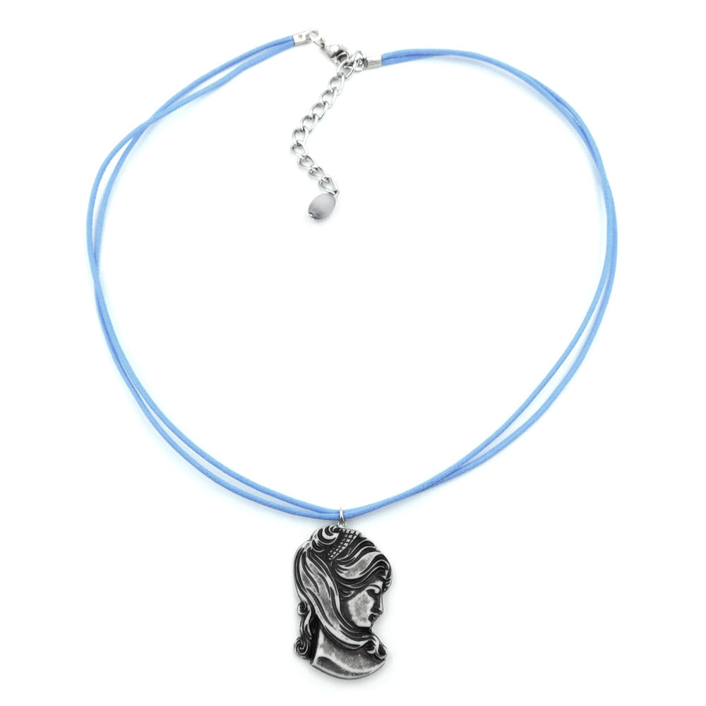 Kette, Cameè grau, Kordel hellblau, 40cm (Länge 40cm, hellblau)