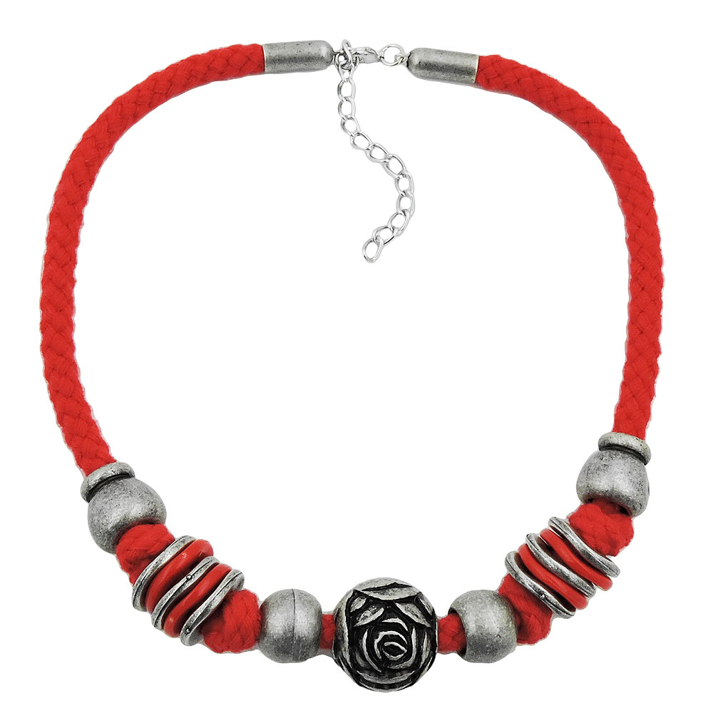 Kette Landhaus-Stil Kunststoffperle Rosenperle altsilber Kordel rot 42cm (Länge 42cm, rot)