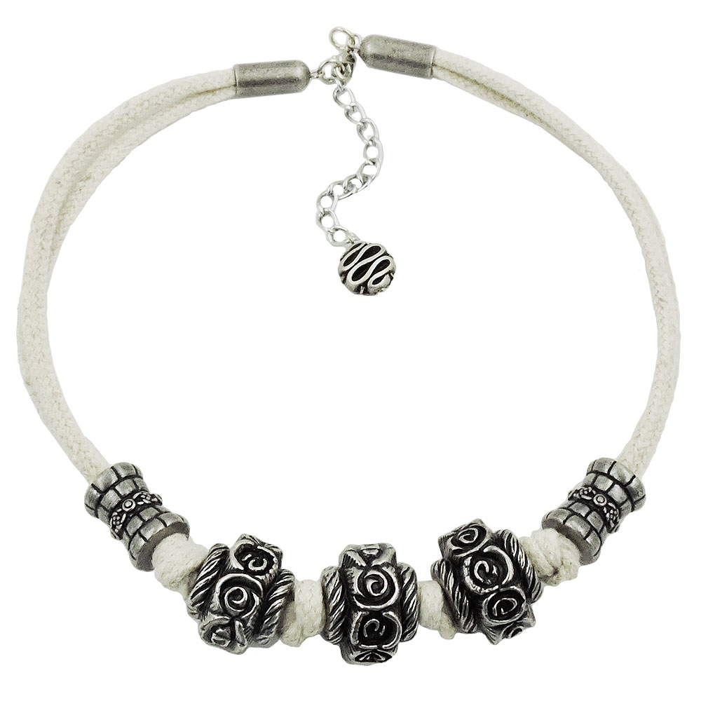 Kette Landhaus-Stil Kunststoffperle Rosenwalze altsilber Kordel natur 40cm (Länge 40cm, natur)