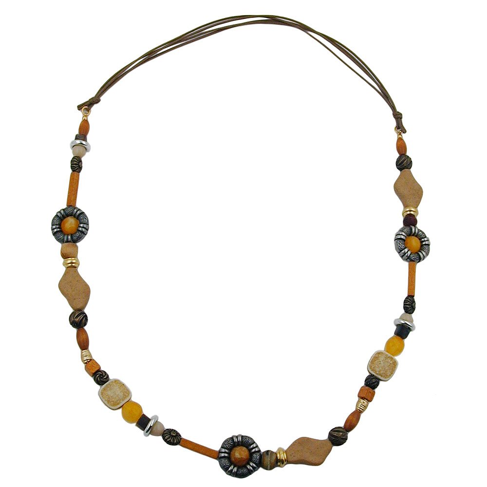 Kette Kunststoffperlen Holzperlen braun Kordel hellbraun 90cm (Länge 95cm, braun)