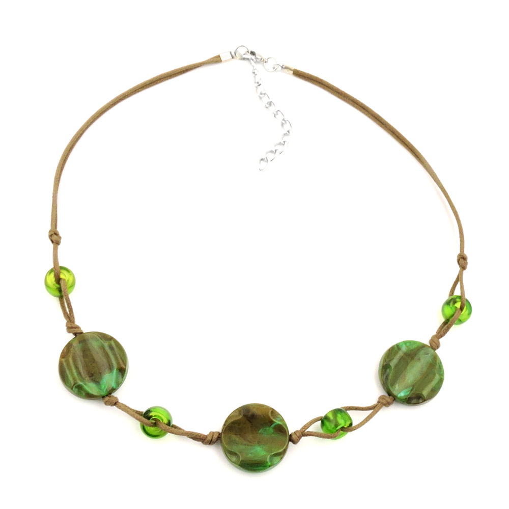 Kette 3x Scheibe Kunststoff khaki-grün-marmoriert Kordel hellbraun 45cm (Länge 45cm, oliv-khaki)