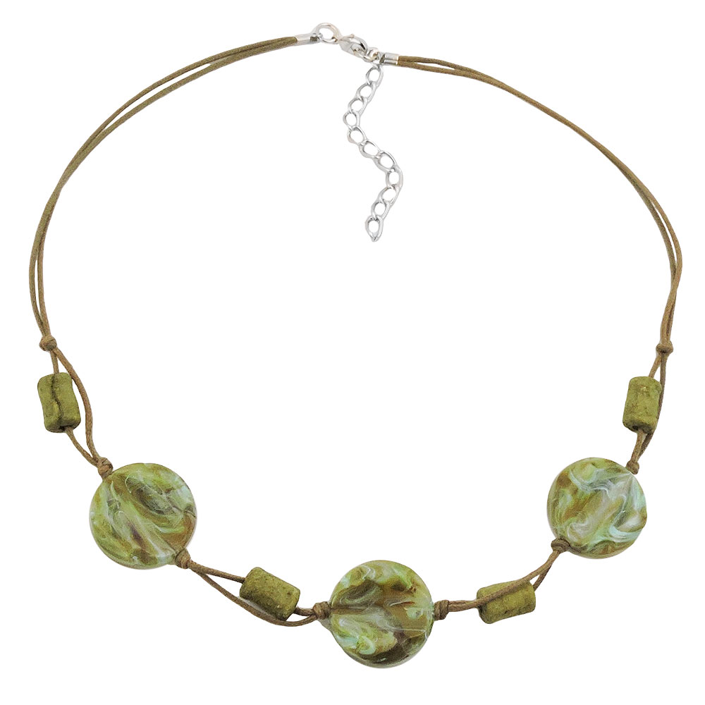 Kette 3x Scheibe Kunststoff oliv-türkis-marmoriert Kordel olivgrün 45cm (Länge 45cm, braun - beige)