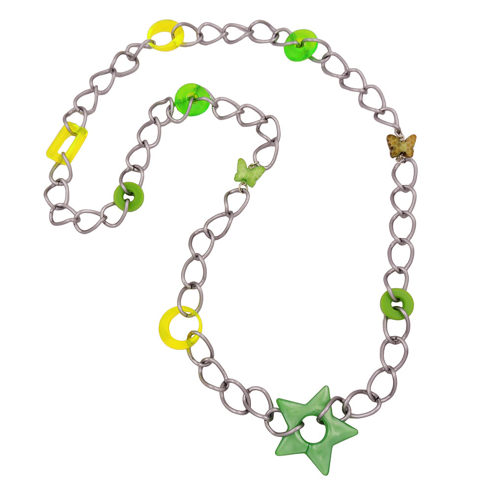 Kette Kunststoffperlen neon-oliv-mint-grün Weitpanzerkette Aluminium hellgrau 80cm (Länge 80cm)